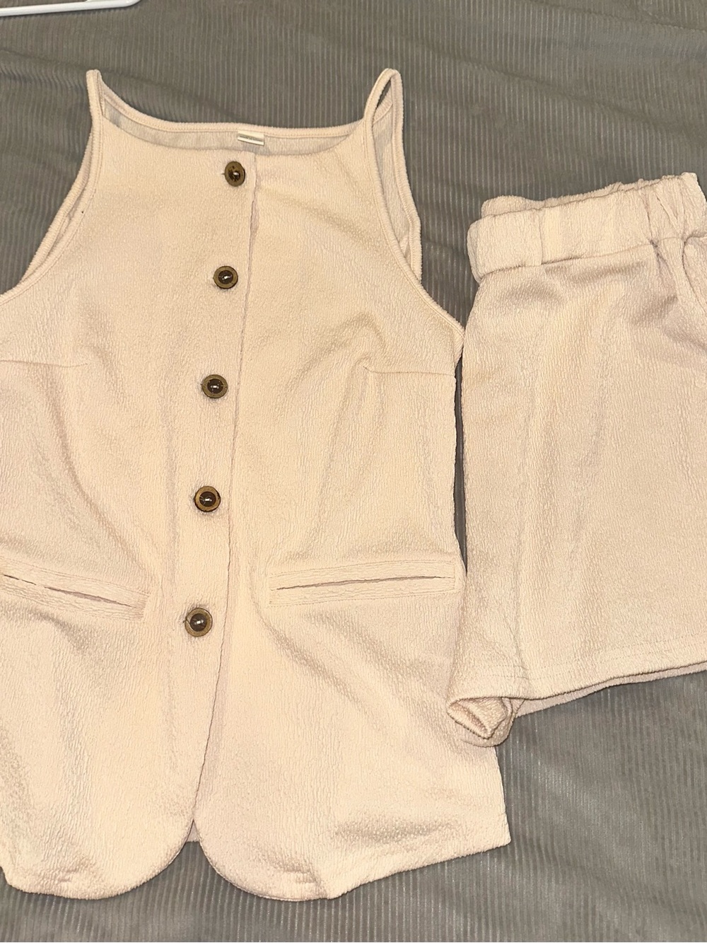 Button-Front Sleeveless Romper & Elastic-Waist Shorts Set in cream